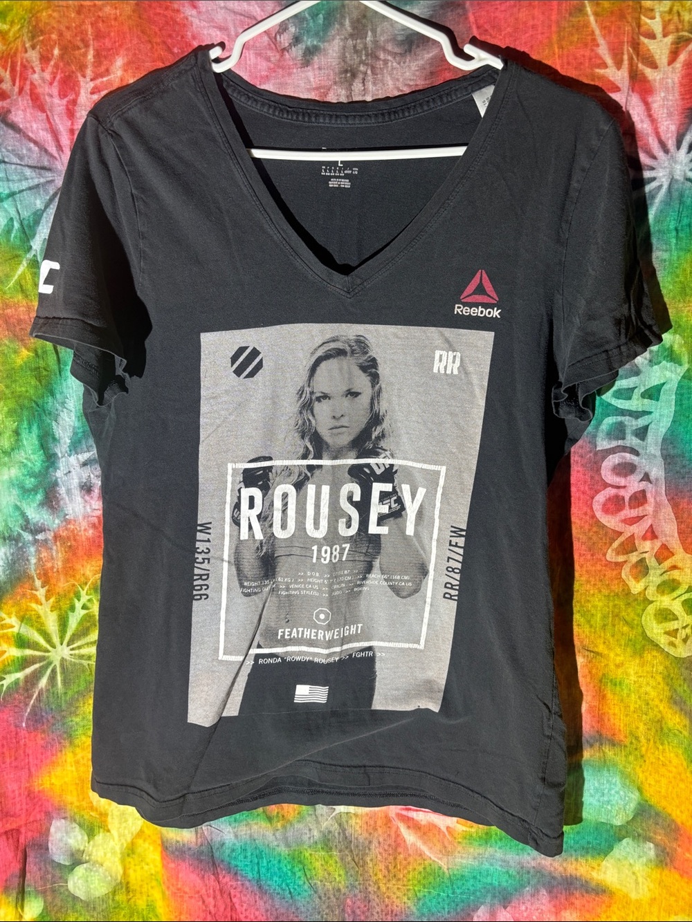 Reebok Black Rousey Graphic V-Neck Tee with Gray Front Print